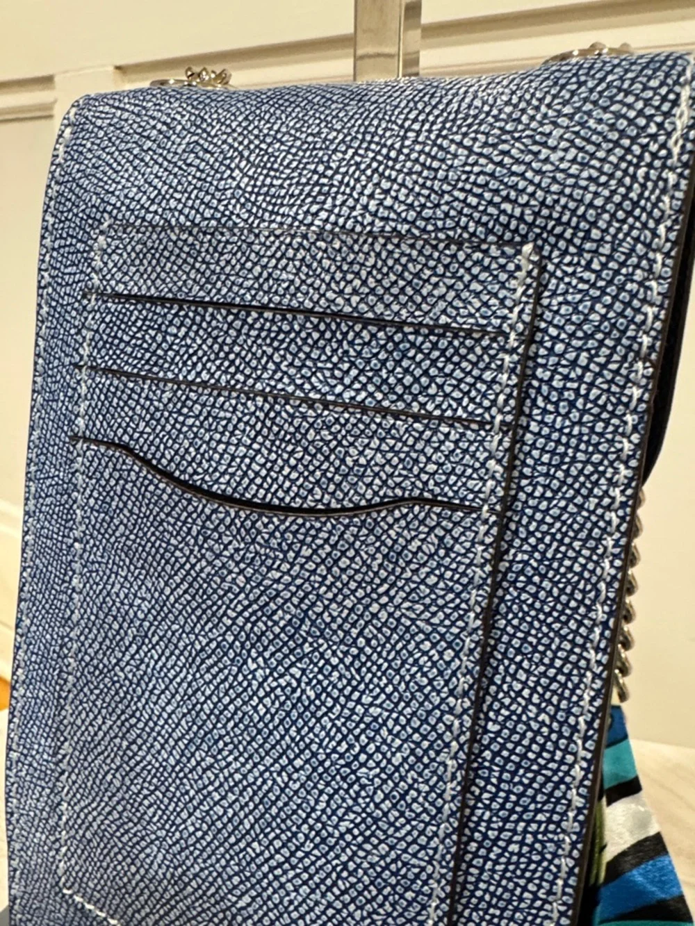Coach Bag North South Light Denim Blue Leather Crossbody Phone Pouch with Chain